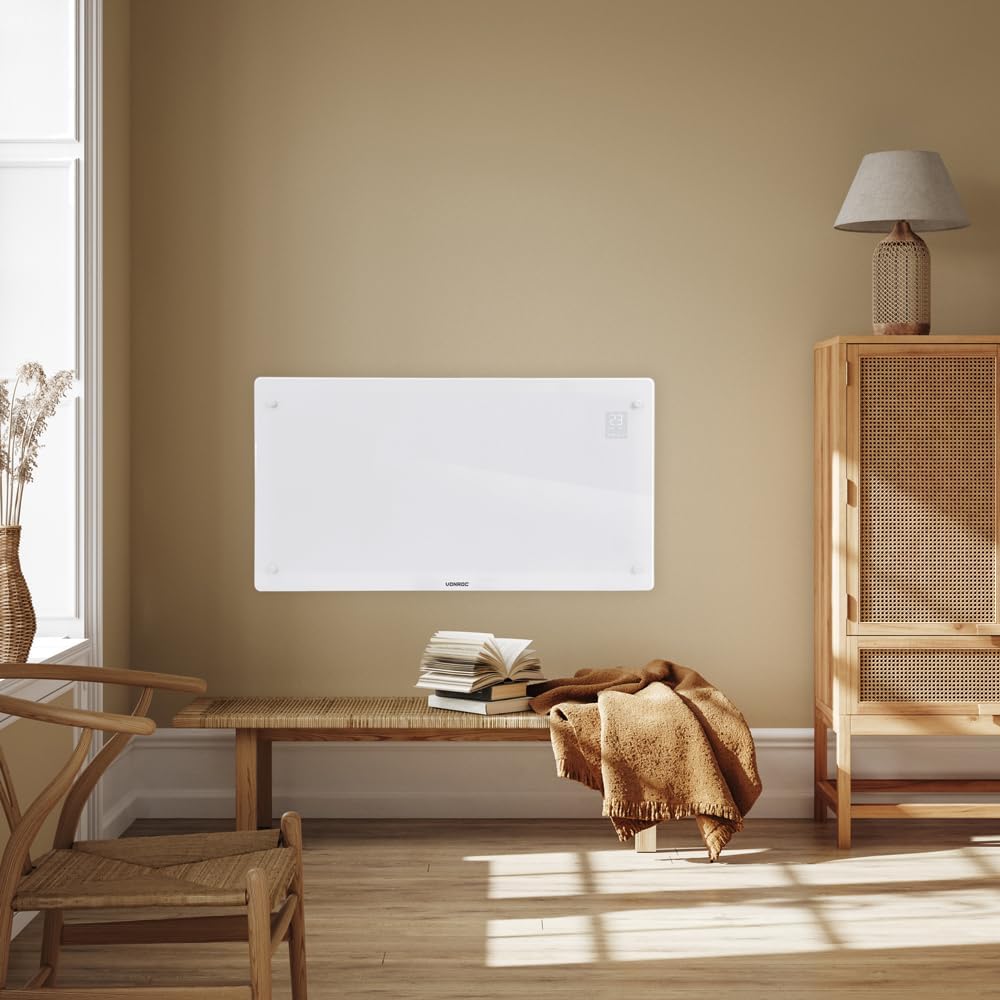 Convecteur électrique Smart 2500 W - Panneau en verre avec écran LED - Contrôle WiFi via App Tuya Smart Life - Thermostat 5-50 °C - Minuterie - IP24 - Mur ou sol blanc 2500 W Blanc