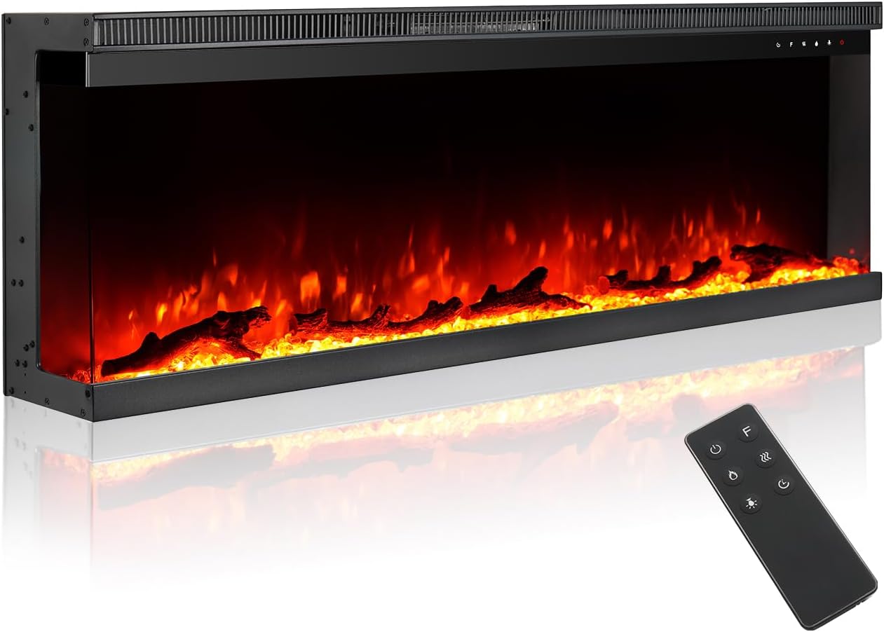 M.C.Haus Cheminée Electrique de Luxe à 3 Faces avec 3 Possibilités D'installation, Cheminée Encastrée dans Un Mur Multimédia, Effet de Flamme Electrique avec 9 Couleurs, 1800W, 127cm/50inch, Noir Noir 127cm/50“