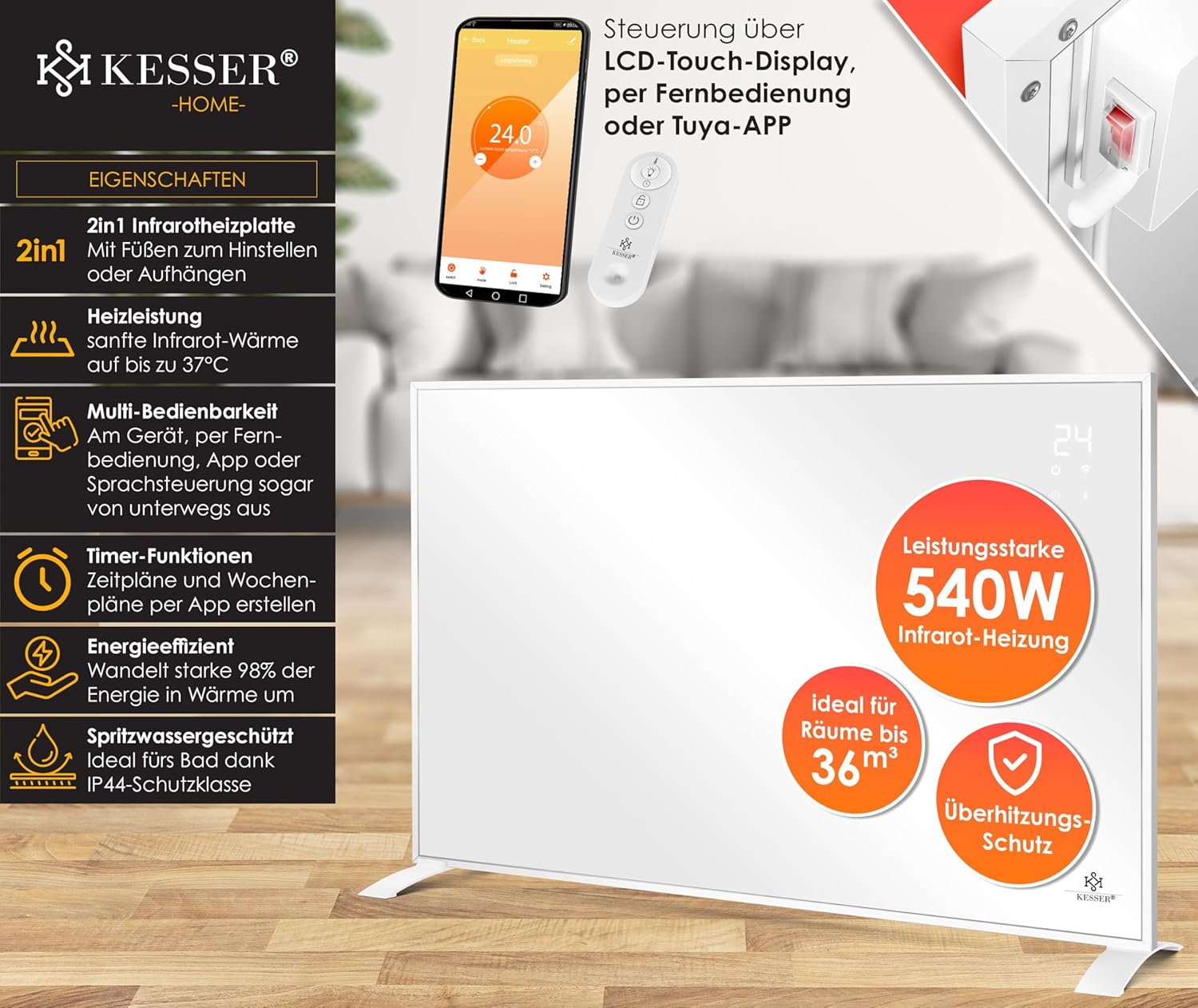 KESSER® Chauffage infrarouge Économie d'énergie Appareil sur pied infrarouge & Montage mural Chauffage électrique avec télécommande Thermostat & Contrôle 540W Blanc