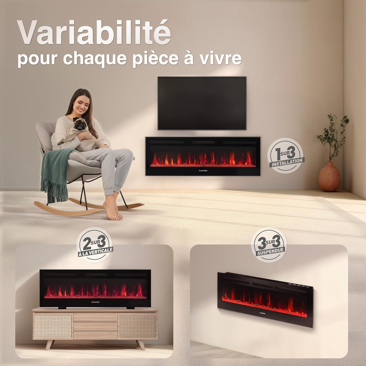 Cheminée Electrique Marlon - Cheminée Électrique 3-en-1 avec Chauffage, Effet de Flamme 3D, 12 Couleurs de Flammes, télécommande (60 Pouces) 60 pouces (152,4 cm)