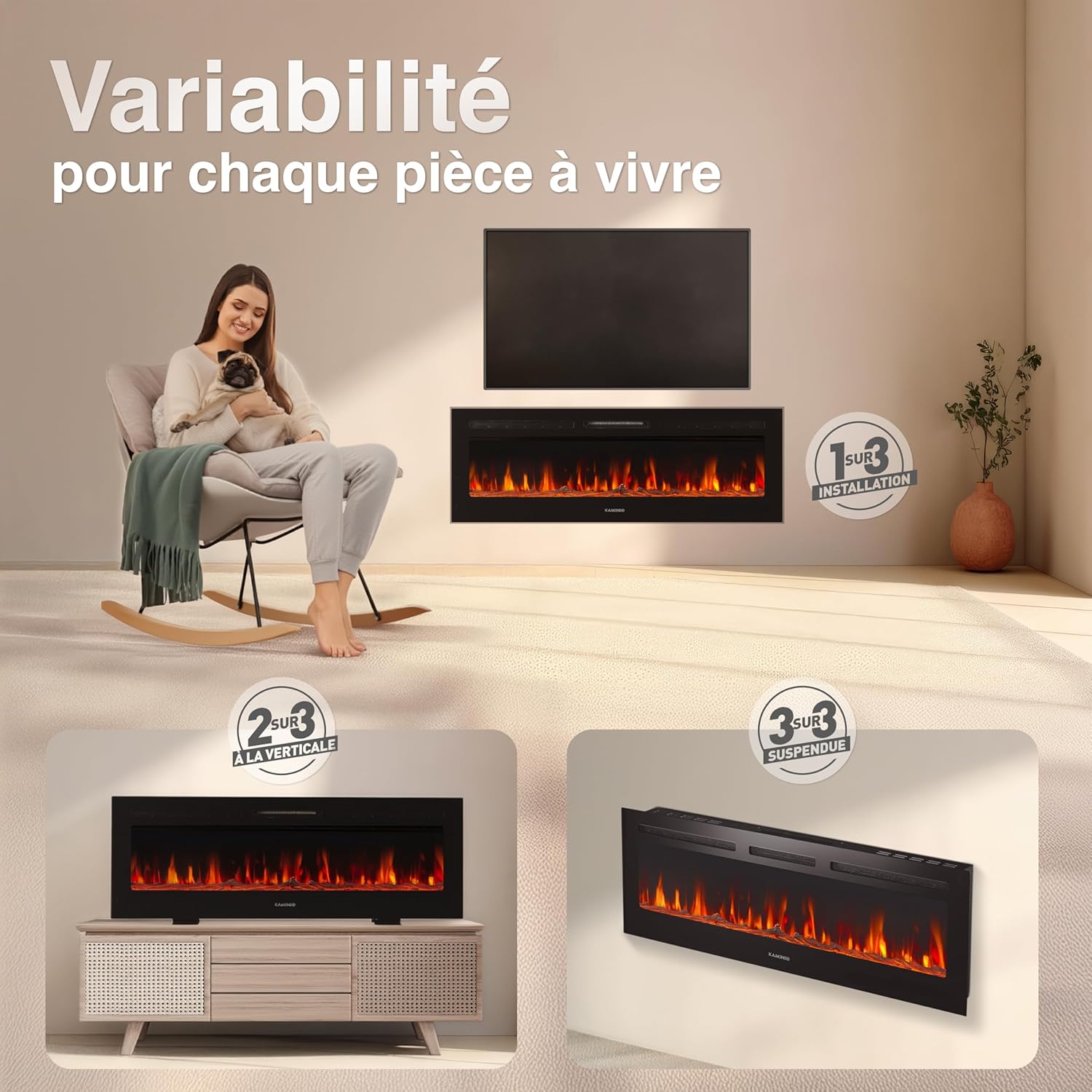 Cheminée Electrique Marlon - Cheminée Électrique 3-en-1 avec Chauffage, Effet de Flamme 3D, 12 Couleurs de Flammes, télécommande (50 Pouces) 50 pouces (127 cm)