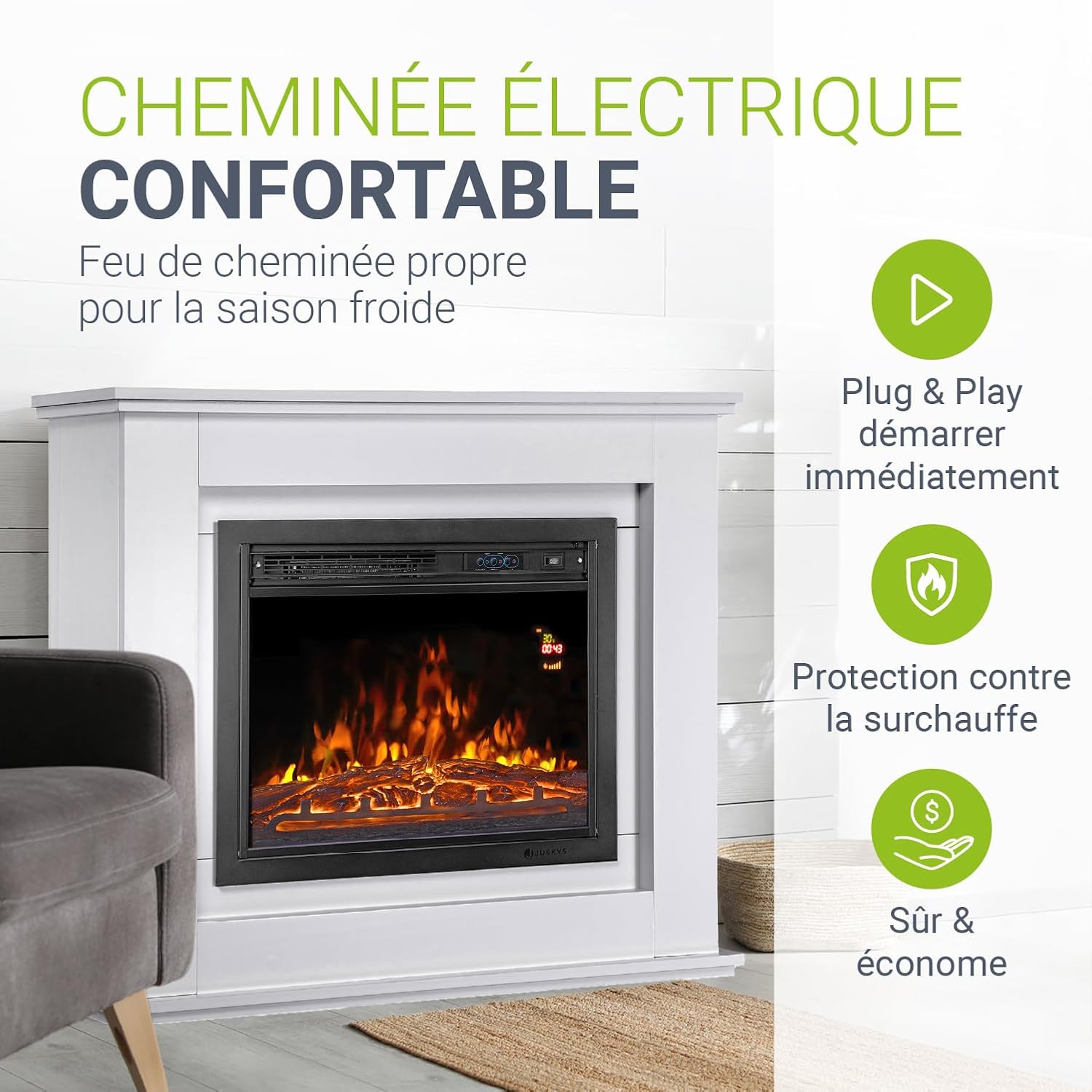 Cheminée électrique 1000/2000 W avec Chauffage, cheminée, Effet Flamme, télécommande, éclairage LED et minuterie (Blanc)(98x28x81cm)