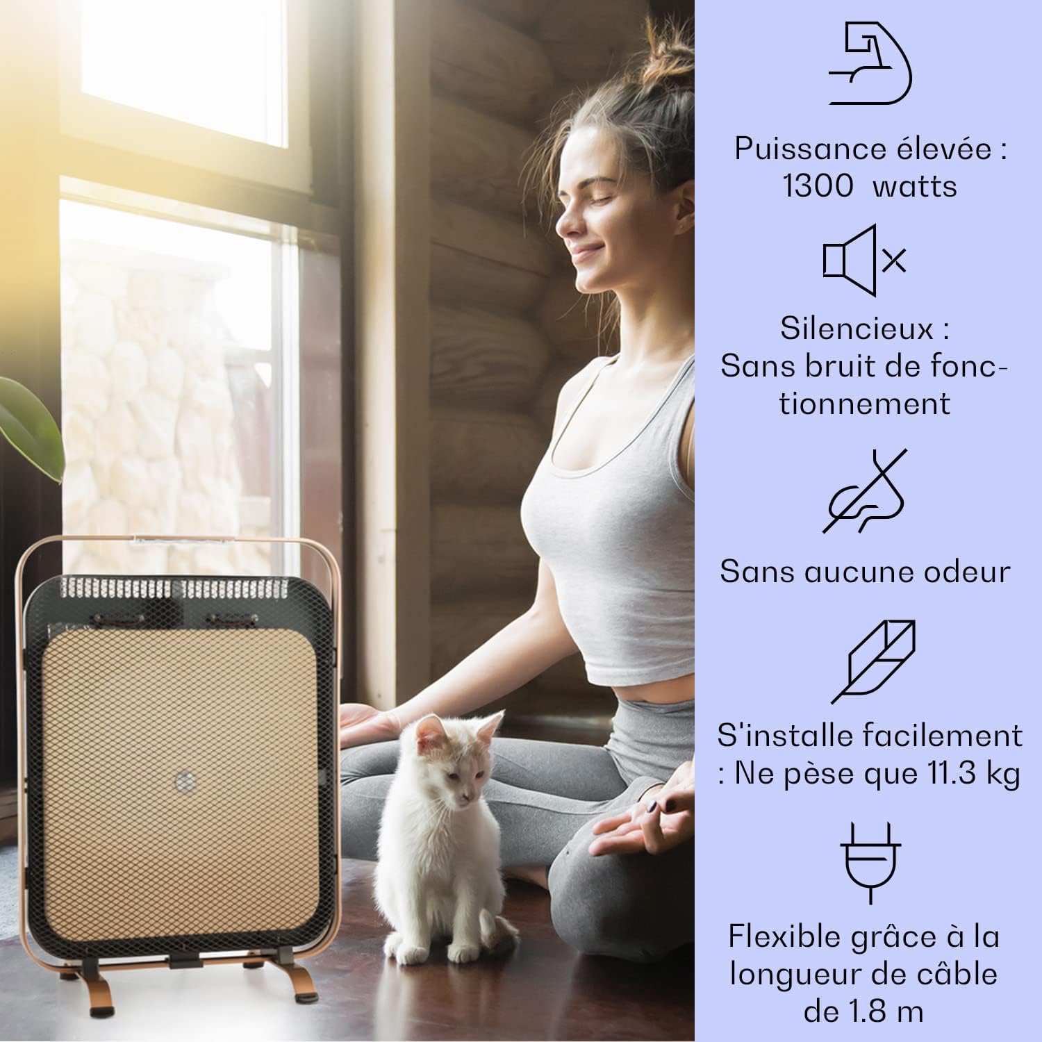 HeatPal - Radiateur electrique extra plat, Chauffage infrarouge, Panneau rayonnant, 1300W, jusqu'à 30 m², Accumulation de Chaleur, Plateau en marbre - Cuivre