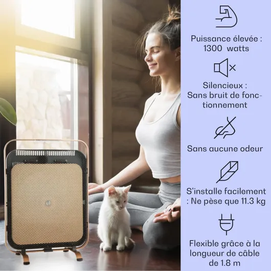 HeatPal - Radiateur electrique extra plat, Chauffage infrarouge, Panneau rayonnant, 1300W, jusqu'à 30 m², Accumulation de Chaleur, Plateau en marbre - Cuivre