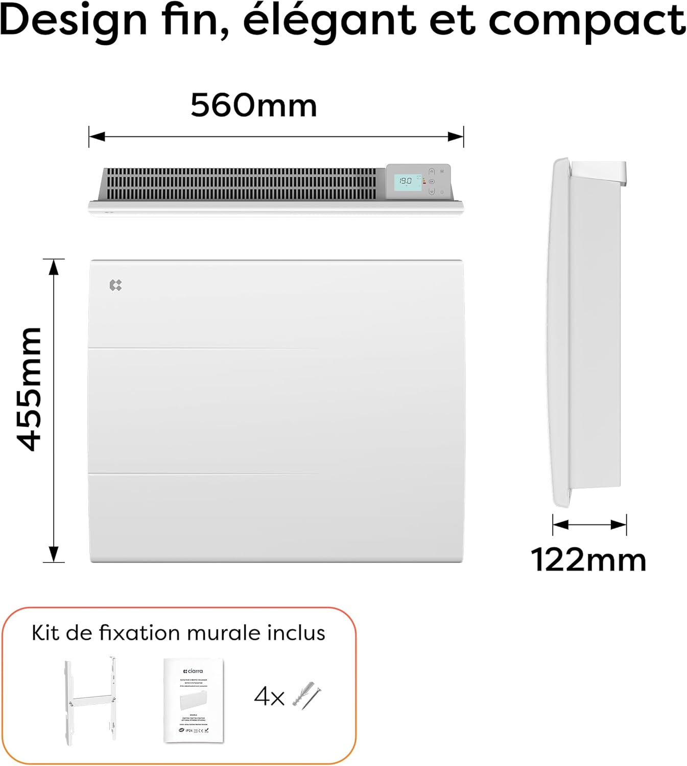 CBHT10E Radiateur à Inertie 1000W - Chauffage Électrique Mural Intelligent avec PID & Programmation Hebdo, IP24 pour Salle de Bain ou Chambre(10-15㎡) Blanc 1000w