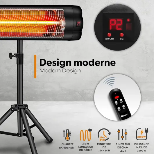 TRESKO Chauffage extérieur Infrarouge 2500W + Télécommande - Radiateur Rayonnant Électrique de Terrase - 3 Niveaux de Chaleur - Hauteur réglable Noir