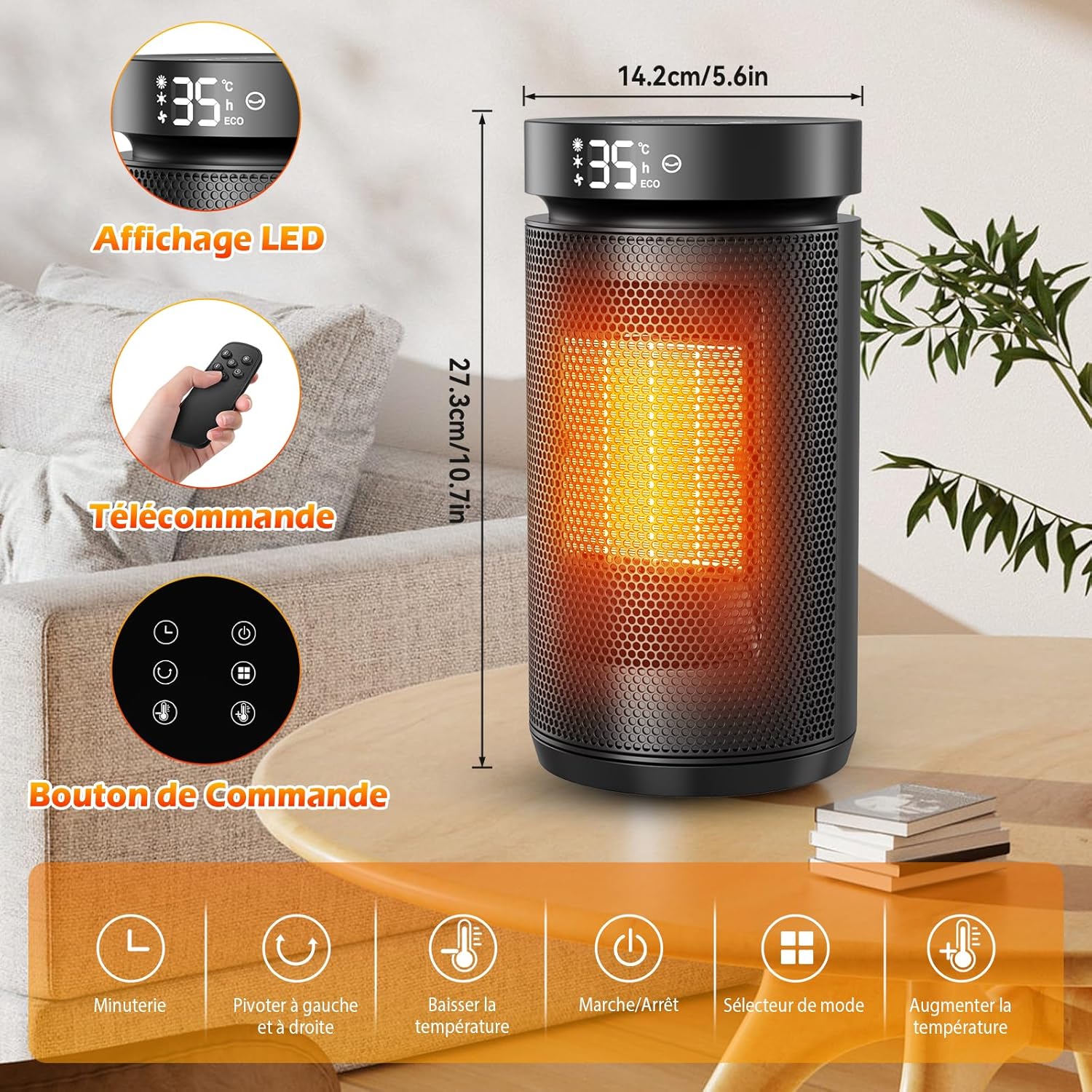 Chauffage d'appoint avec Télécommande, Radiateur Soufflant Silencieux et Économe en Énergie de 1500 W, Chauffage Céramique PTC, Minuterie 12H, Rotation à 70°, Convient à la Maison Comme au Bureau 1500W