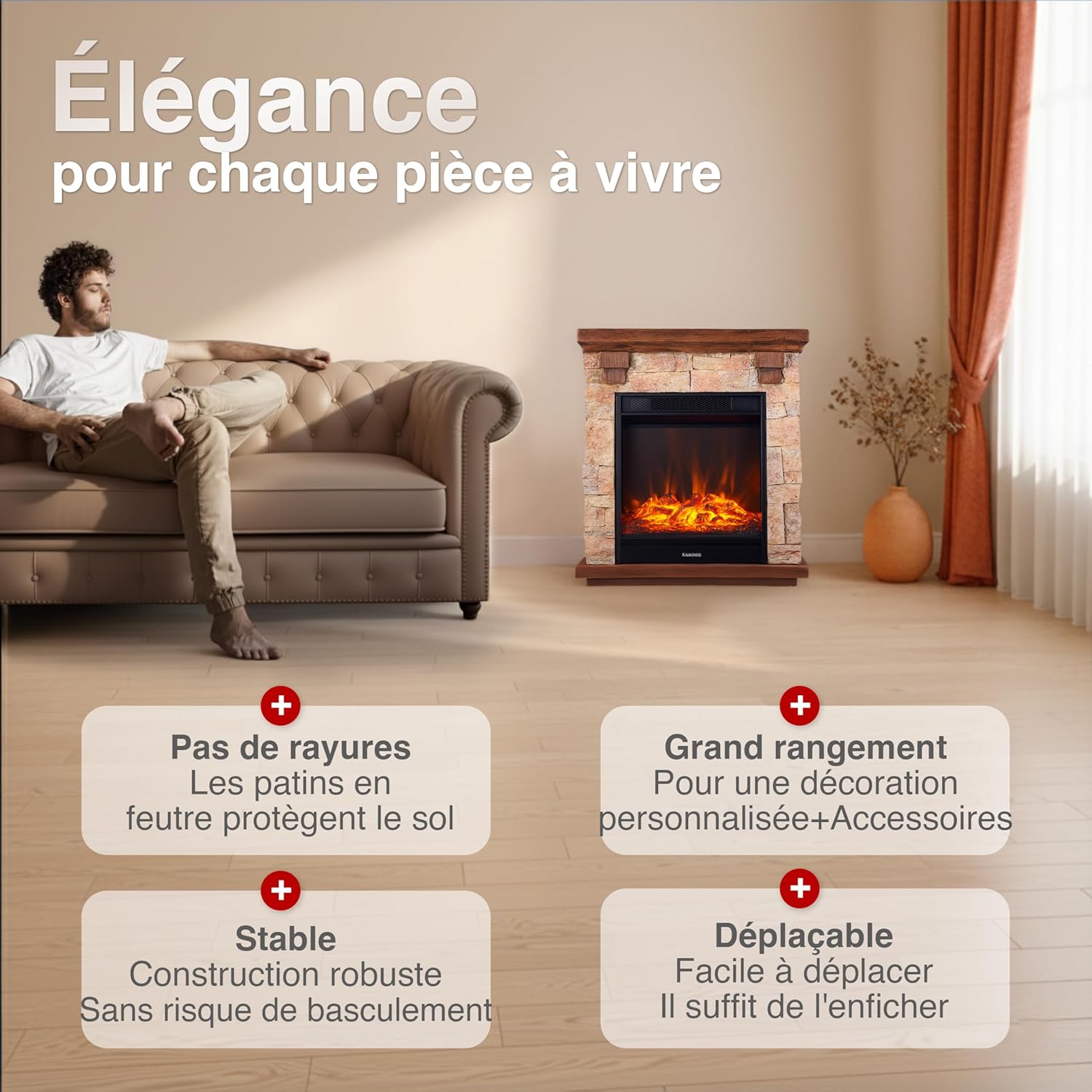 Cheminée électrique Juan - Cheminée sur Pied Aspect Pierre avec Fonction Chauffage, Effet Flammes 3D, télécommande (Beige)