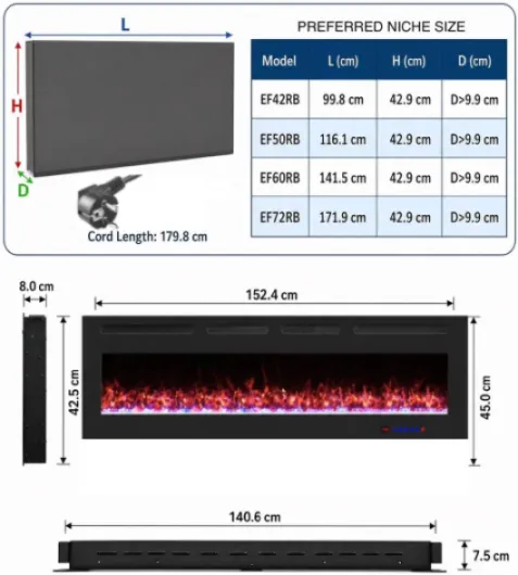 Cheminée électrique Murale Weka Fireplace WiFi, Profondeur 7,5 cm, Verre trempé, télécommande et écran Tactile, Puissance de Chauffage 750/1500 W, Effet de Flamme réglable (152 cm App New)