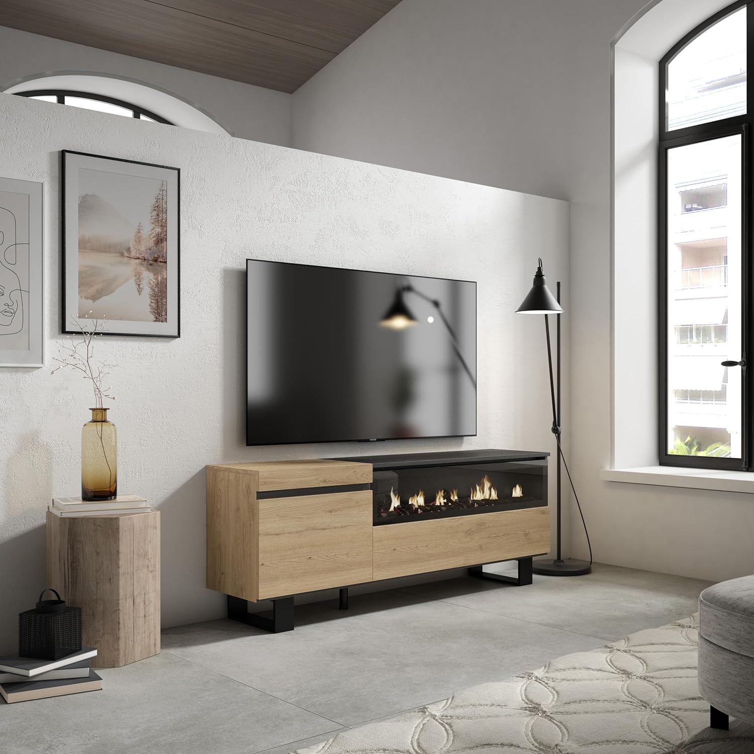 Meuble TV - Banc Télé - Grand Espace de Rangement - 150x57x35cm - pour Les TV jusqu'à 65" - Cheminée électrique - Design Industriel - Style Moderne - Chêne et Noir Option B