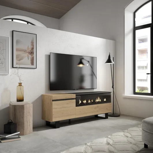 Meuble TV - Banc Télé - Grand Espace de Rangement - 150x57x35cm - pour Les TV jusqu'à 65" - Cheminée électrique - Design Industriel - Style Moderne - Chêne et Noir Option B