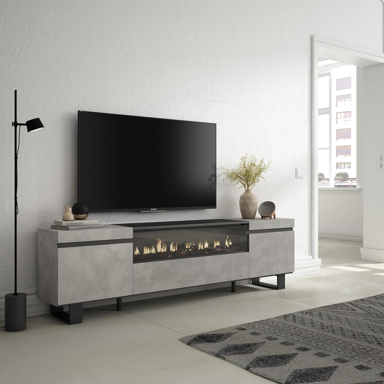 Meuble TV - Banc Télé - Grand Espace de Rangement - 200x57x35cm - pour Les TV jusqu'à 80" - Cheminée électrique - Design Industriel - Style Moderne - Ciment Option C - Centre