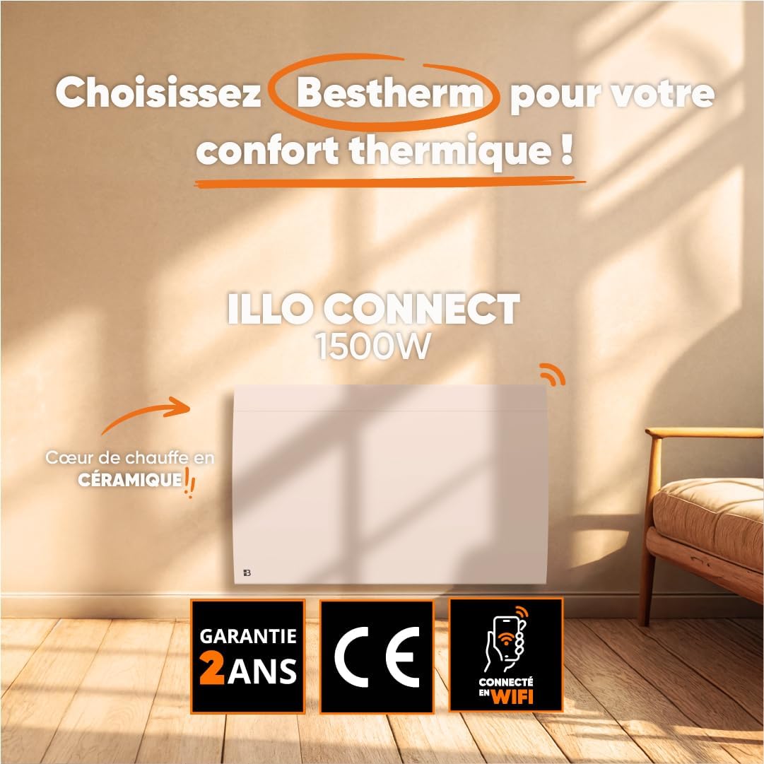 Radiateur électrique fixe connecté WIFI à inertie sèche céramique 1500W Bestherm ILLO CONNECT horizontal blanc