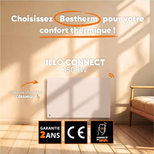 Radiateur électrique fixe connecté WIFI à inertie sèche céramique 1500W Bestherm ILLO CONNECT horizontal blanc