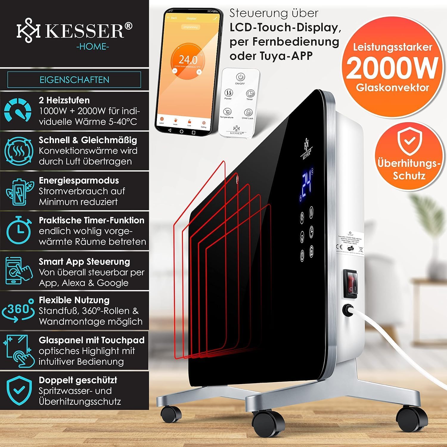 Kesser® Chauffage électrique en verre, convecteur, radiateur électrique, noir Noir / 2000 Watt