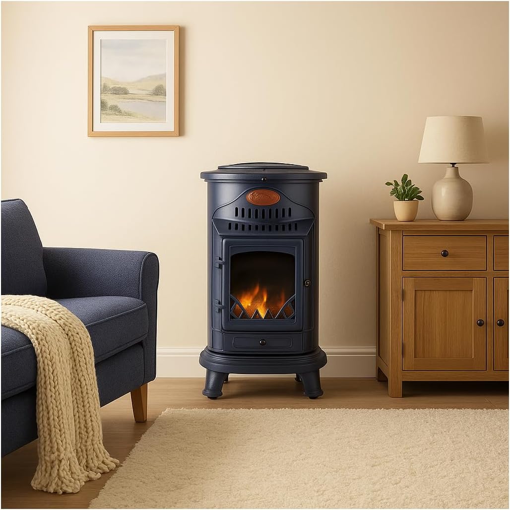 Poêle à gaz 3,4KW Fonte véritable – Chauffage d'appoint Design Traditionnel Bleu Saphir Mat - Effet feu de Bois, Mobile sur roulettes Provence