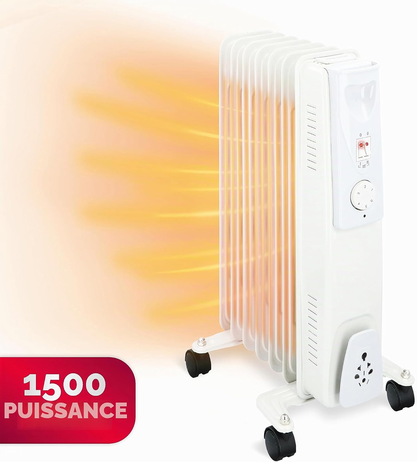 Radiateur Bain d’Huile 1500W – Chauffage Bain d’Huile avec Thermostat – Radiateur Mobile avec roulettes et Protection Surchauffe – Blanc