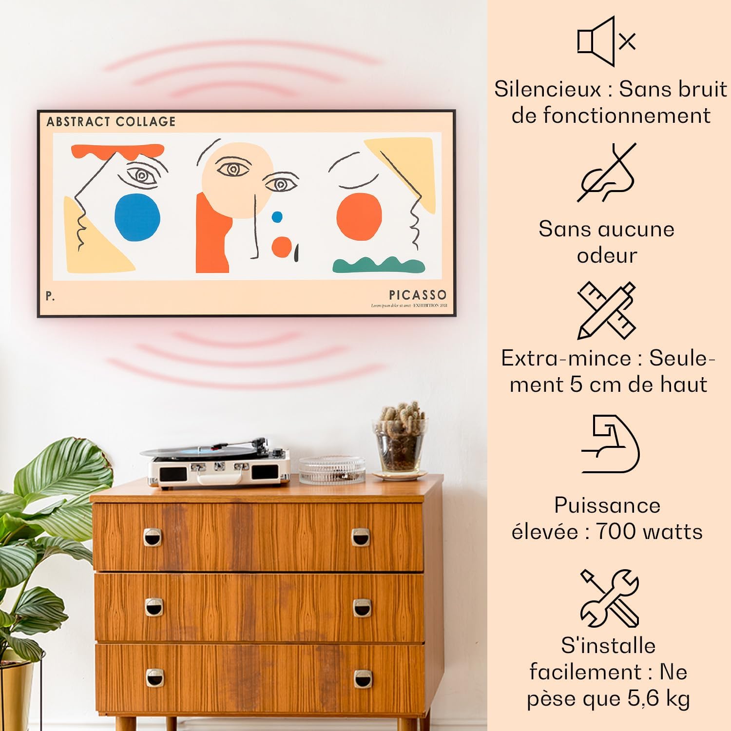 Radiateurs Chauffage Radiant Electrique IP44, Chauffage salle de bain infrarouge Intelligent WiFi et App, Radiateur Electrique Mural 700W, Heater avec Détection Fenêtre Ouverte, Thermostat 80 x 60 cm - 700 W Abstrait