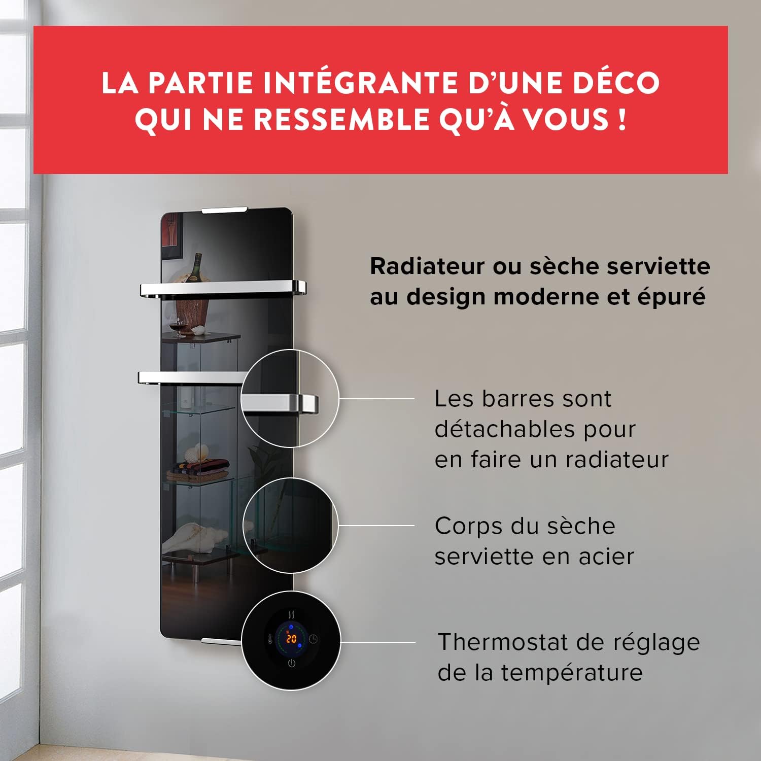 CHEMIN’ARTE Sèche-Serviette Électrique Noir 600W - Radiateur Vertical - IP24-90x6x46 cm - 2 porte serviettes inox - Conçu en France