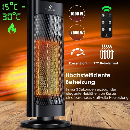 KESSER® Radiateur Soufflant avec Télécommande - Économe en Energie - Silencieux - 2000 W - En Céramique - 15-30 °C - Chauffage Rapide avec Fonction Oscillation de 80 ° - Minuterie 24 h (Noir)