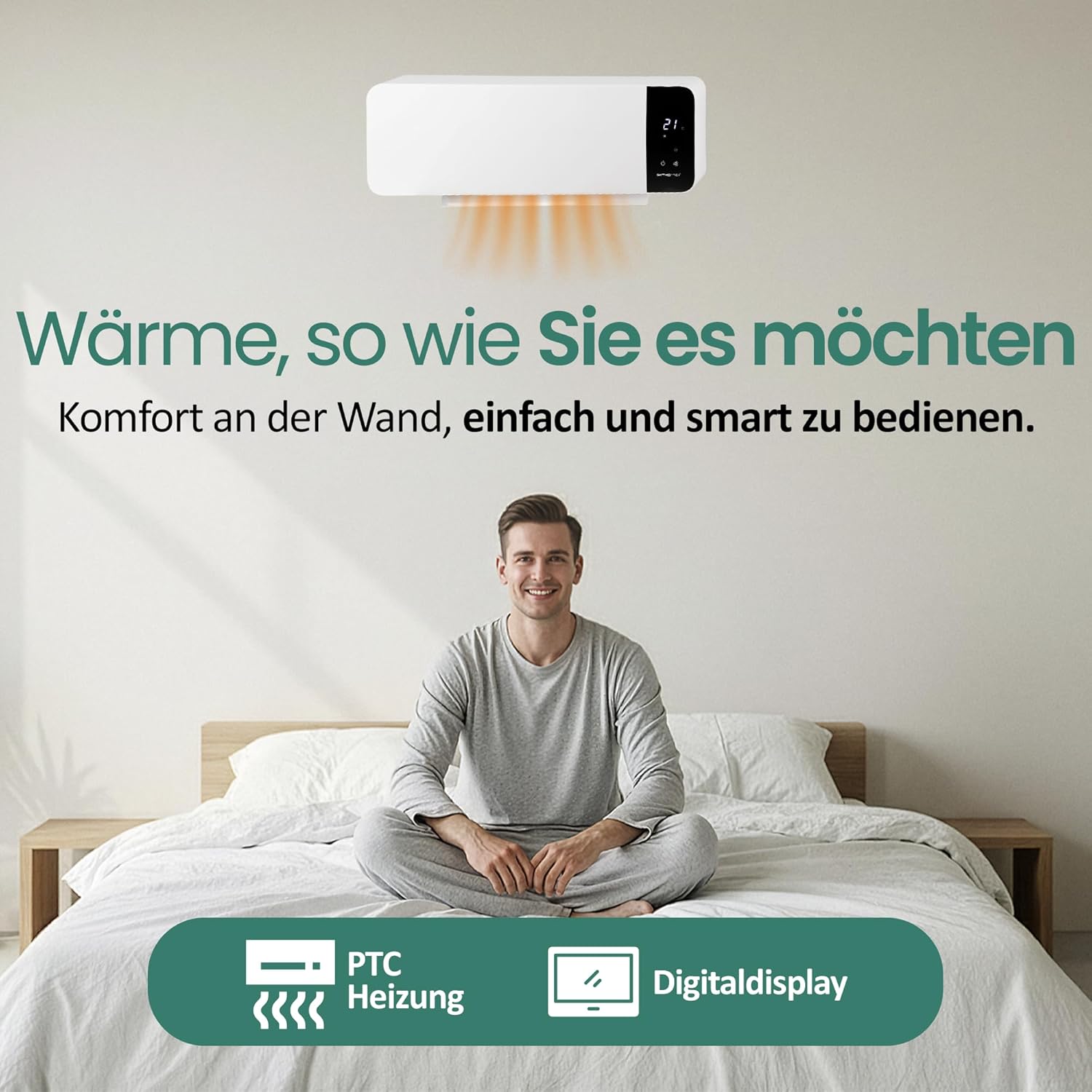 EMERIO FH-133172 Radiateur soufflant mural 2000 W, minuterie hebdomadaire réglable, élément chauffant PTC (céramique), 2 niveaux de chaleur, thermostat réglable, fenêtre ouverte, détection oscillante