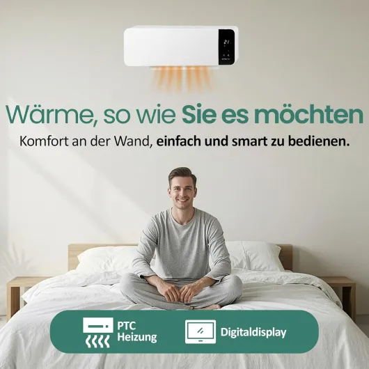 EMERIO FH-133172 Radiateur soufflant mural 2000 W, minuterie hebdomadaire réglable, élément chauffant PTC (céramique), 2 niveaux de chaleur, thermostat réglable, fenêtre ouverte, détection oscillante