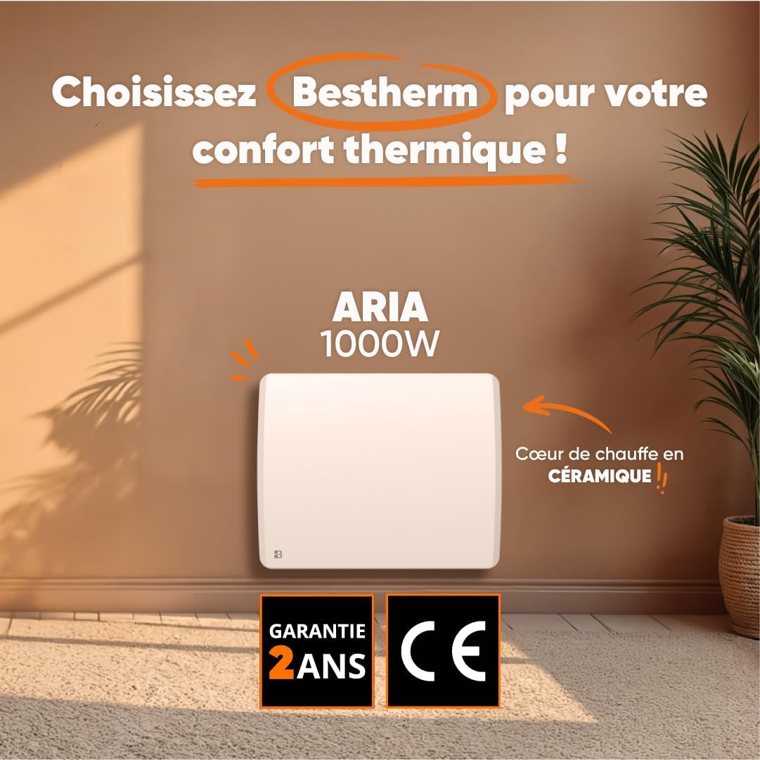 Radiateur électrique fixe à inertie sèche céramique 1000W Bestherm ARIA horizontal blanc Blanc 1000W