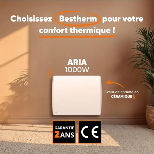 Radiateur électrique fixe à inertie sèche céramique 1000W Bestherm ARIA horizontal blanc Blanc 1000W