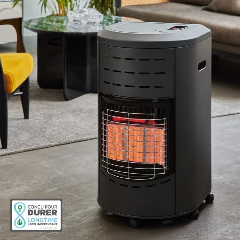 FAVEX - Chauffage d'appoint gaz Calgary - Prêt à l'emploi livré avec Tuyau et détendeur-Intérieur-Brûleur céramique Infrarouge-3 Puissances de Chauffe-jusqu'à 40 m², Acier, Noir