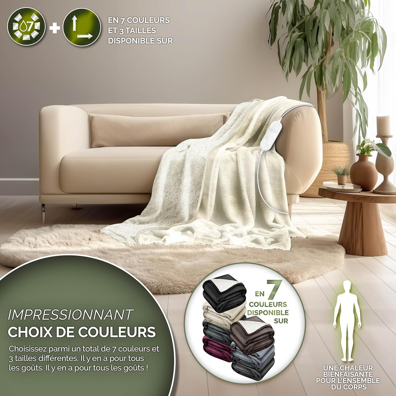 Sinnlein® Couverture chauffante 180 x 130 cm avec arrêt Automatique - Couverture électrique avec 9 Niveaux de température - Couverture Douillette Lavable 180x130cm Beige