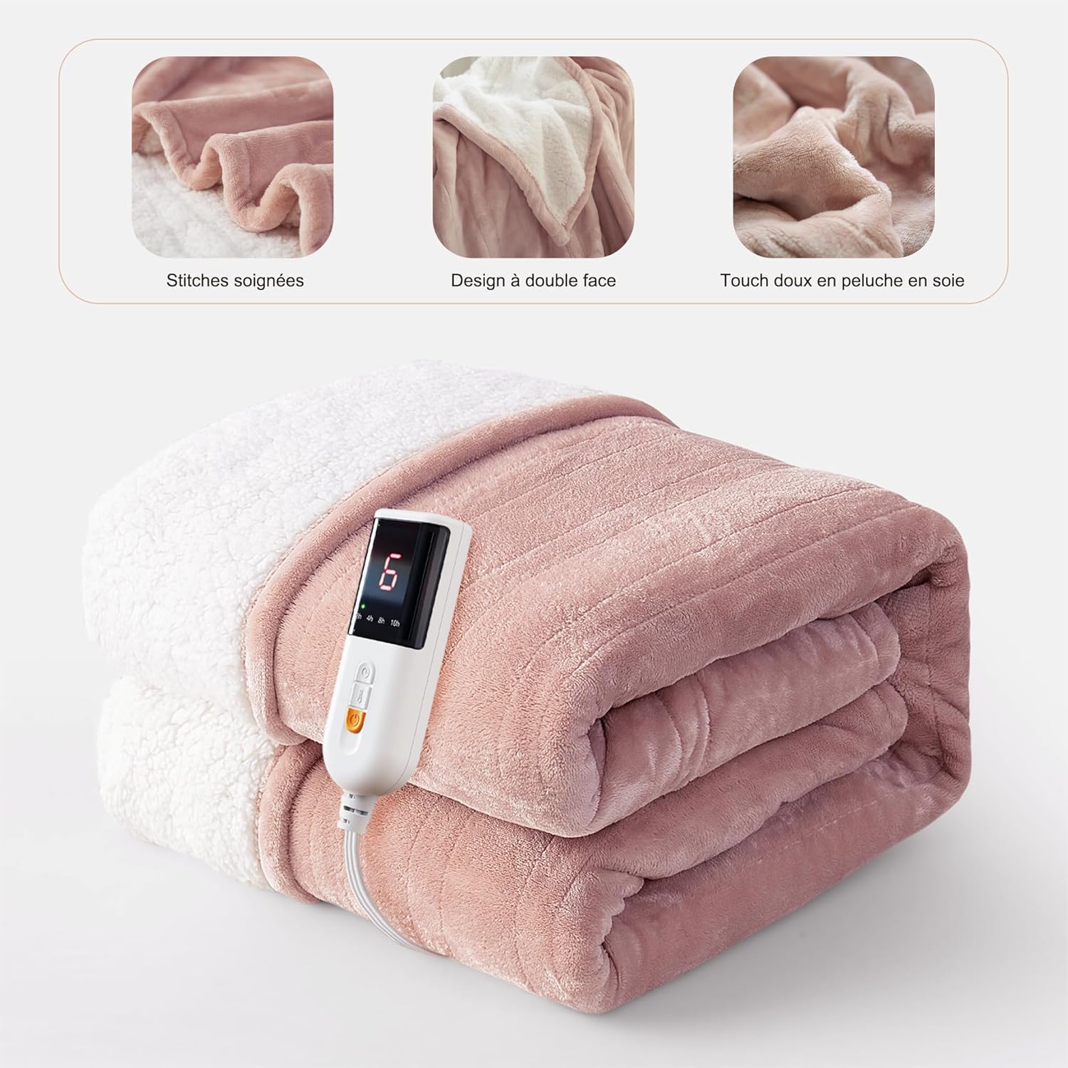 GOTCOZY Couverture Chauffante 130x180 cm - Couverture Électrique avec 10H Arrêt Automatique 6 Réglages de Température Protection Contre la Surchauffe Lavable en Machine(Rose) 130 x 180 cm Rose