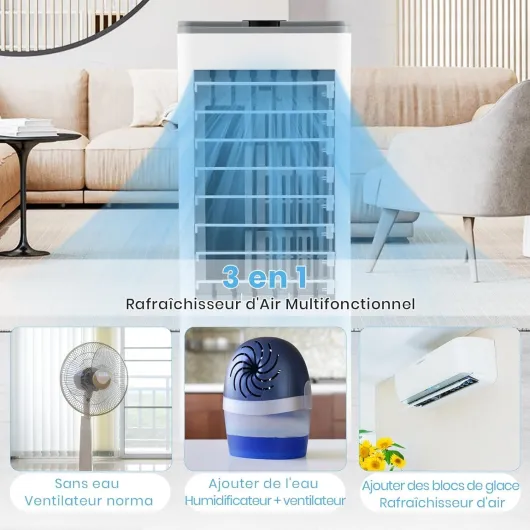 Rafraîchisseur d'Air Silencieux Mobile - 3 en 1 Refroidisseur d'Air Humidificateur Ventilateur - 3 Vitesses 3 Modes - Réservoir 2,8L - 4 Blocs Réfrigérants - Oscillation -Faible Conso Gris