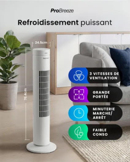 Ventilateur Colonne Oscillante, Tour de 79 cm, Oscillation 70°, 60 Watts, 3 Vitesses - Télécommande et Minuterie, Programmable, Adapté pour la Maison et le Bureau - Blanc