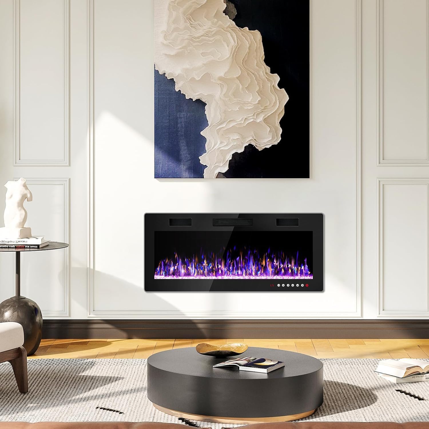 Waleaf Cheminée Electrique, 106,6 cm Cheminée Électrique Ultraplate avec Chauffage 1500W, Effet de Flammes 3D, 12 Couleurs de Flammes, Cheminée Murale ou Encastrable pour Salon & Intérieur, Noir