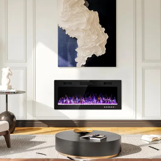 Waleaf Cheminée Electrique, 106,6 cm Cheminée Électrique Ultraplate avec Chauffage 1500W, Effet de Flammes 3D, 12 Couleurs de Flammes, Cheminée Murale ou Encastrable pour Salon & Intérieur, Noir