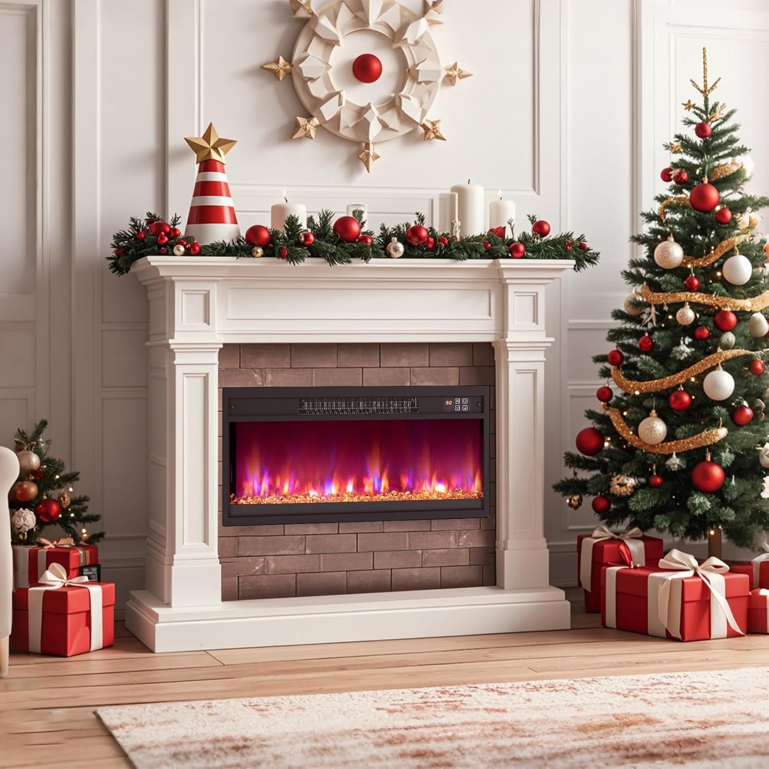 Cheminée Électrique Encastré 1500W, Cheminée Chauffage 26" avec Télécommande 16,5°C à 32°C Thermostat Minuterie 0,5-9H, Couleur de Flamme et de Lit de Braises Réglables 68,5 x 12 x 34 cm