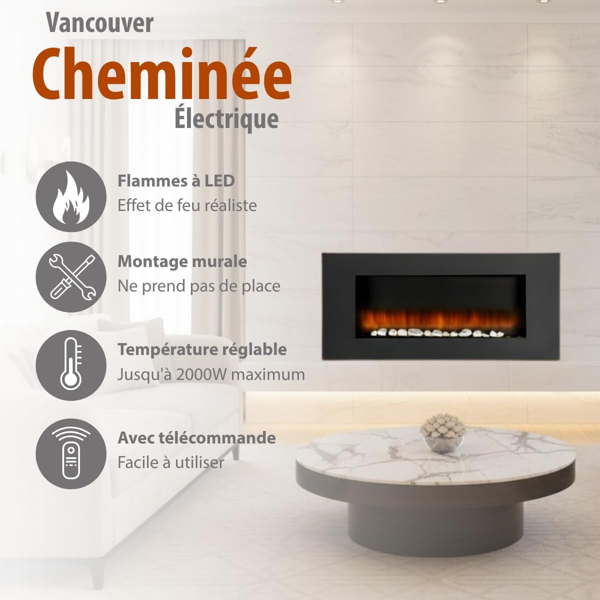 Cheminée Électrique Vancouver 105,5 x 48 x 12 cm - Chauffage Électrique Effet Flamme LED - avec Télécommande et Minuterie - 2000W - Montage Mural - Noir