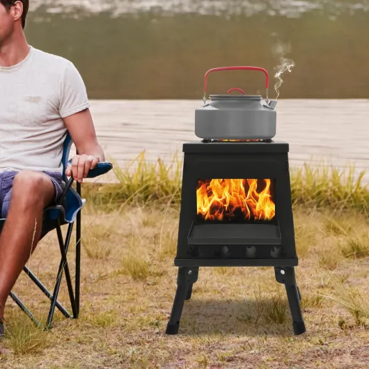 Réchaud à bois portable en acier au carbone - Multifonction - Pour camping et extérieur - Avec 16 aérations - Avec tige de combustion - Sac de transport - Noir