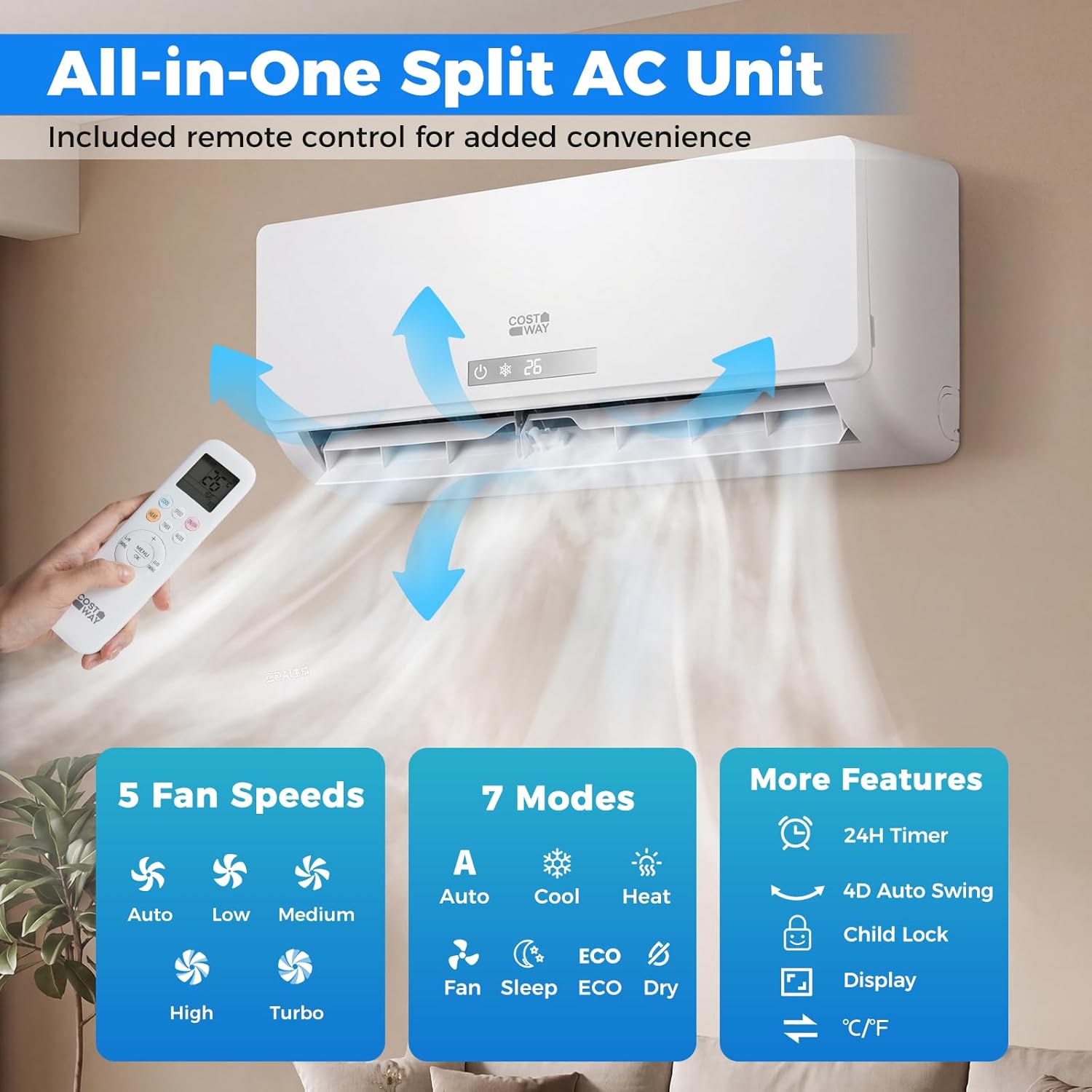 Climatiseur Reversible 12000 BTU 3,4 KW, Climatiseur Split R32 avec Chauffage, Refroidissement, Déshumidification Rapide, Clim Inverter Silencieux 19 dB, Wifi, Auto-Nettoyage, Classe A++ 12000 BTU-3,4 kW - Blanc Wifi