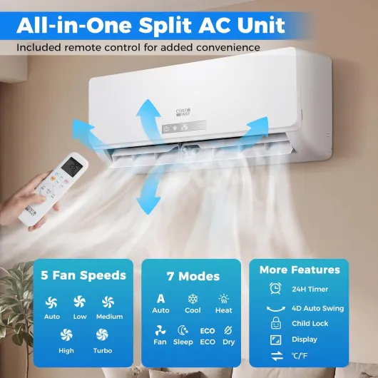 Climatiseur Reversible 12000 BTU 3,4 KW, Climatiseur Split R32 avec Chauffage, Refroidissement, Déshumidification Rapide, Clim Inverter Silencieux 19 dB, Wifi, Auto-Nettoyage, Classe A++ 12000 BTU-3,4 kW - Blanc Wifi
