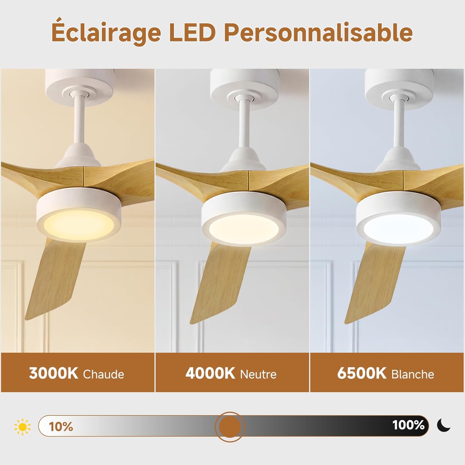 Ateroll Ventilateur Plafond Télécommande, Ventilateur de Plafond Design & Silencieux, Ø132 cm en ABS, Ventilateur Dimmable Plafonnier 6 Vitesses, Minuterie 3 Températures LED Chambre, Salon & Terrasse Bois Clair - Style Moderne