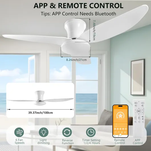 100CM Sourdine Ventilateur de Plafond Avec Lumière - Télécommande, 60W Plafonnier Ventilateur Reversible Dc-motor 6 Vitesses de Ventilateur, Minuterie, Pour Toutes Les Saisons Blanc
