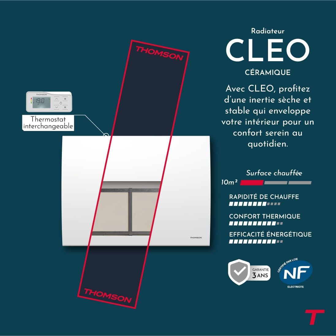 Radiateur Électrique Fixe à Inertie Sèche Céramique CLEO avec Thermostat Interchangeable 1000W Horizontal Blanc