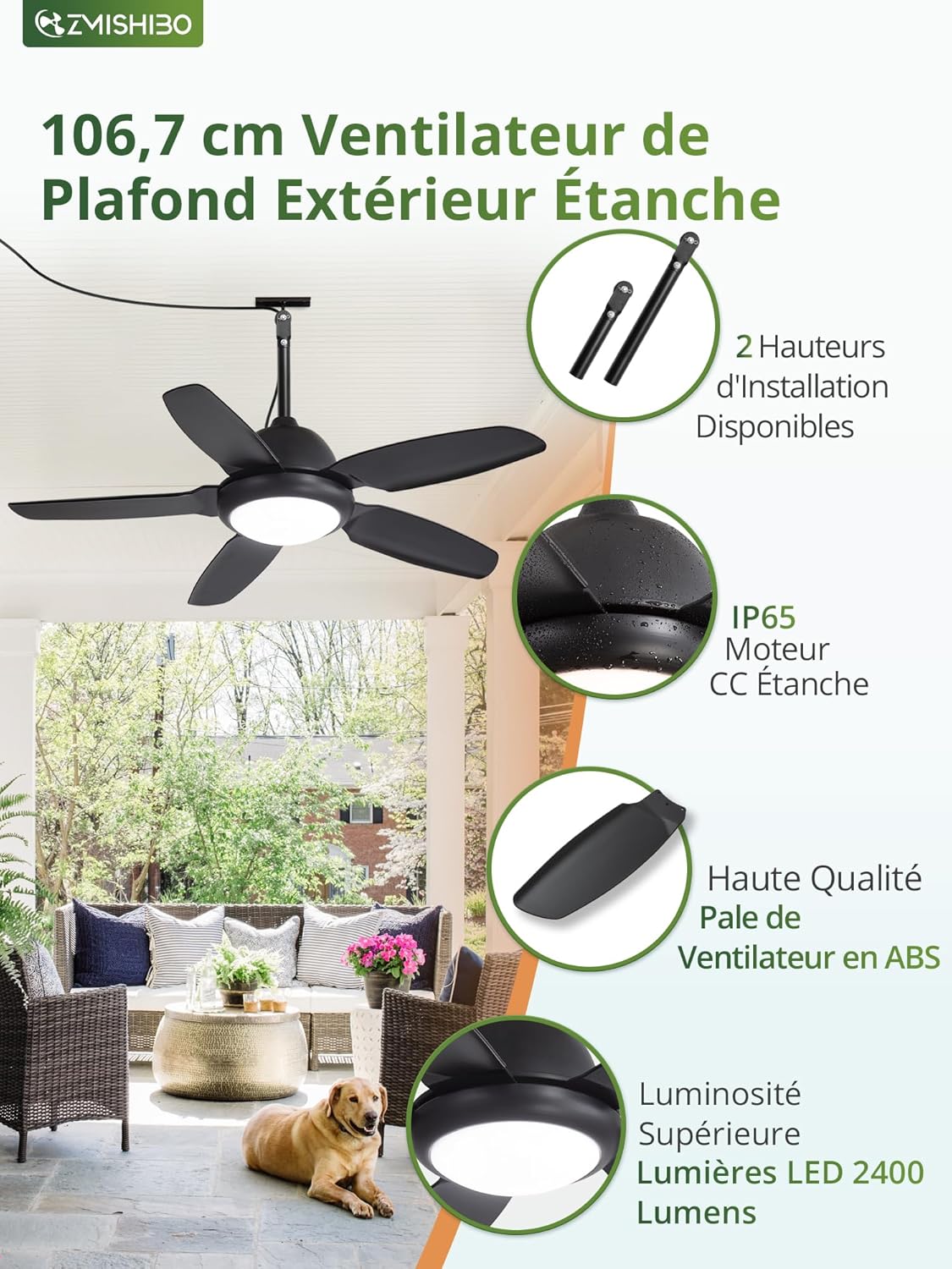 Ventilateur de Plafond Extérieur 107 cm Étanche IP65 avec Lumière LED, Moteur DC Silencieux 6 Vitesses, 3CCT, Ventilateur Suspendu avec Télécommande, Noir