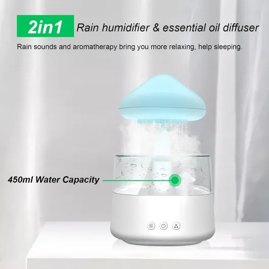 Humidificateur d’Air Effet Pluie 450ml - Diffuseur d’Huiles Essentielles avec Lampe Champignon, Nuage de Pluie, 7 LED Multicolores, Silencieux pour Chambre, Bureau, Maison (Blanc)