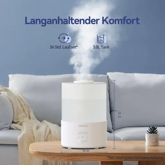 Raydrop Humidificateur d’air 3 L, Top Fill à brume froide pour bébé, maison, grande pièce et plantes, avec diffuseur d’huiles essentielles, veilleuse colorée, minuterie et arrêt automatique