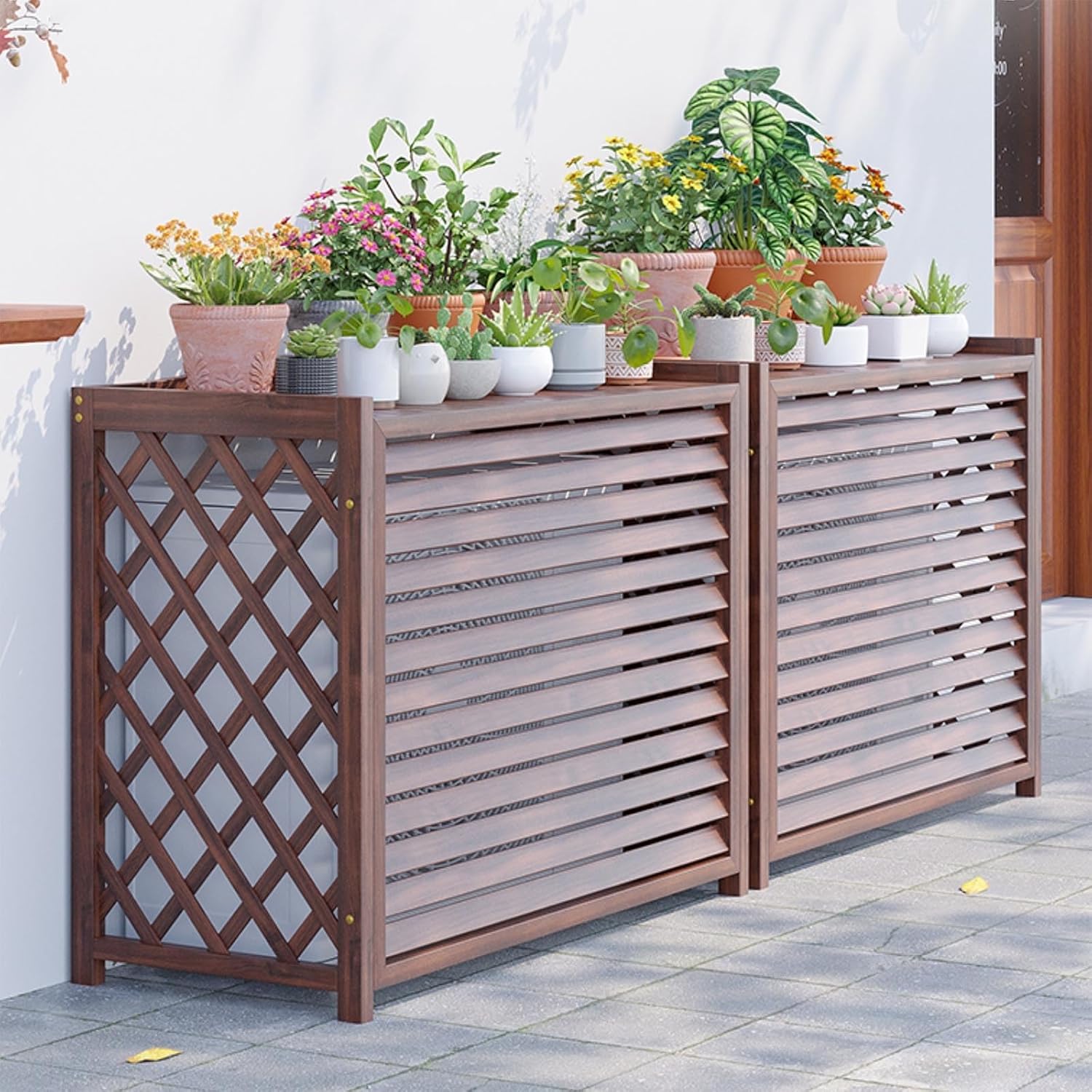 Cache Climatiseur Exterieur Bois Housse Climatiseur Extérieur Balcon Porte Plante Cache Pompe A Chaleur Extérieur Bois Cache Unité Extérieure Climatisation pour(86x35x80cm)