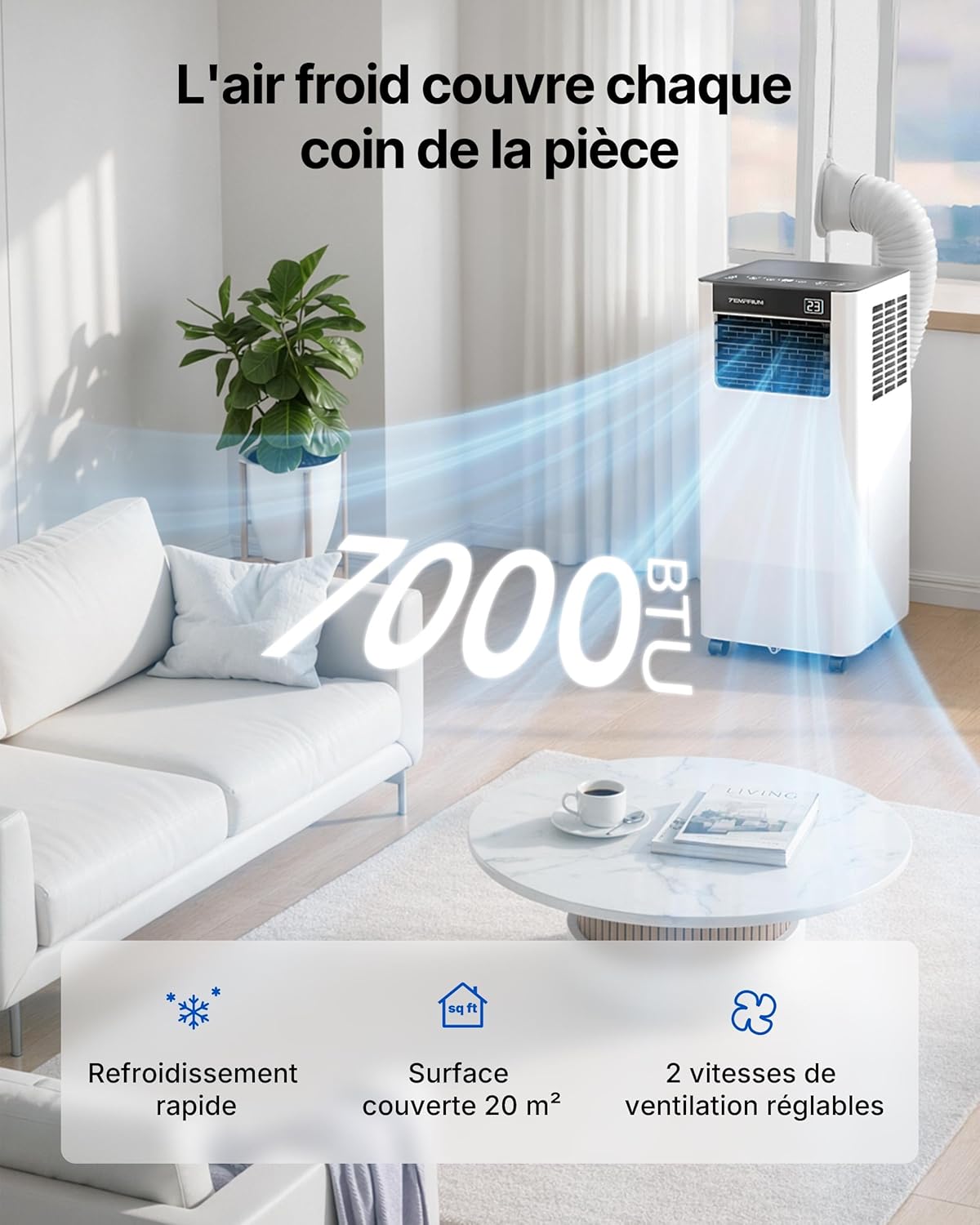Climatiseur Mobile 7000 BTU, 3-en-1 Écoénergétique Climatiseur Portable, Kit Fenêtre Inclus, Contrôle Via Application/Télécommande, Silencieux <48 dB, Minuterie 24 H, Idéal Pour Pièces Jusqu’à 20 m²