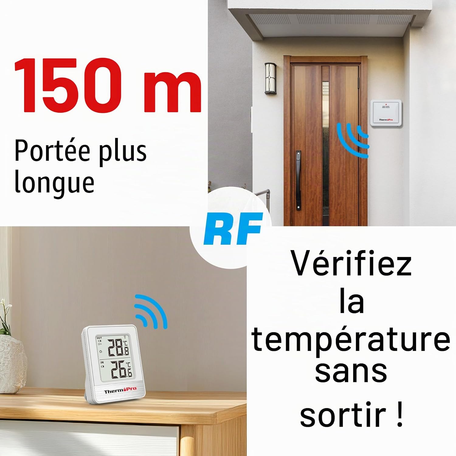 ThermoPro TP200C Station Meteo Interieur Exterieur Sans Fil, Thermometre Connecté avec Capteur de Température la Distance de Réception 150m, pour Terrasse, Jardin, Cave, LCD Blanc Int - & Ext.