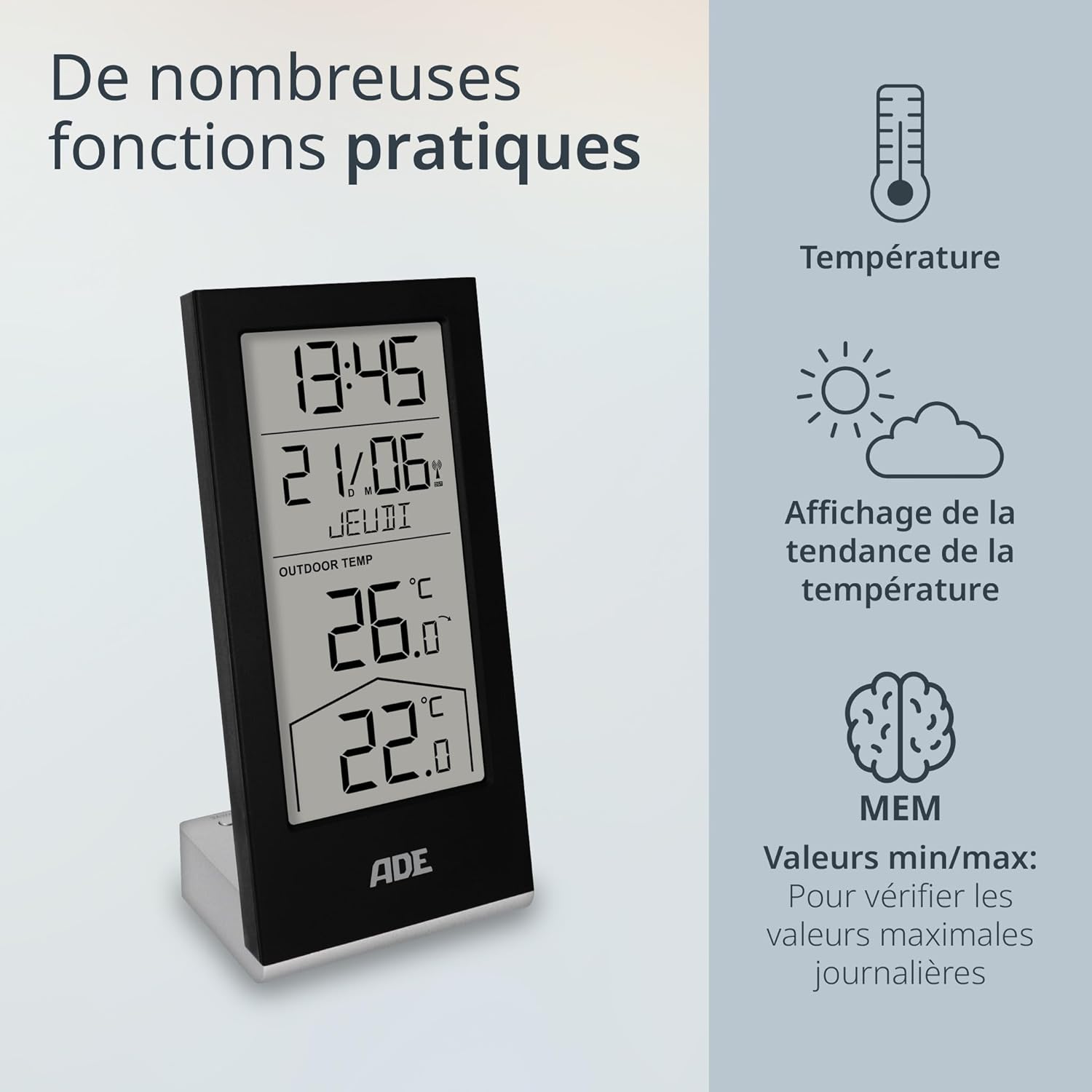 Station météo numérique sans fil avec capteur extérieur - horloge numérique avec thermomètre intérieur et extérieur pour la maison - horloge radio pilotée - calendrier numérique - noir